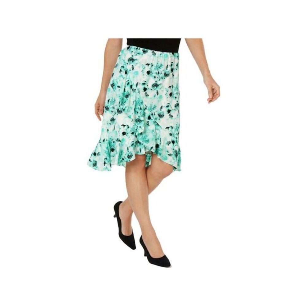 KASPER Womens Aqua Ruffled Floral Knee Length Wear To Work A-Line Skirt 8